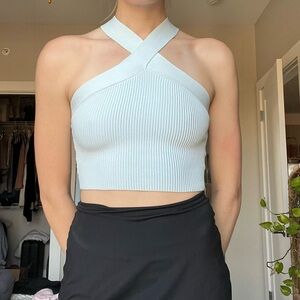 Babaton Sculpt Knit Criss Cross Cropped Tank (Size S) in Fluid Blue